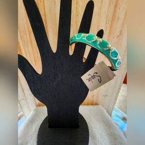 STUNNING Sequin™ Emerald Green Enamel & Crystal Gold-Tone Hinged Bangle Bracelet